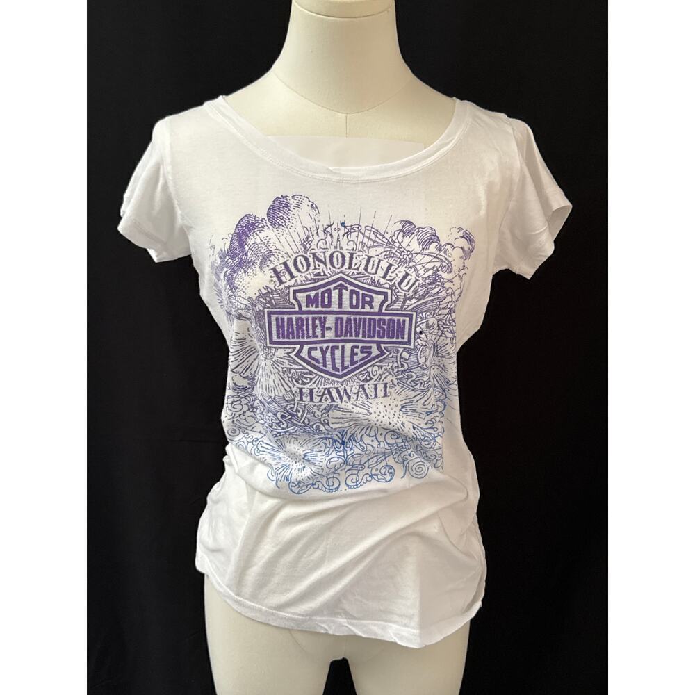 Women’s Harley Davidson White Colored Graphic T Shirt Sz L